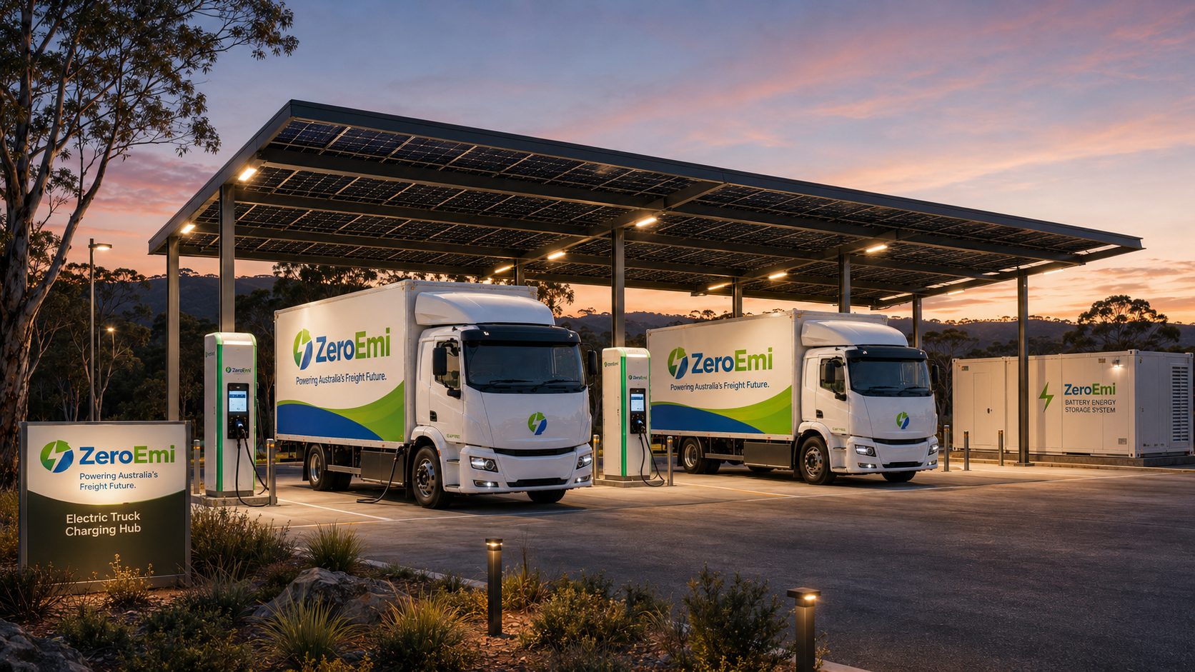 Concept render of the ZeroEmi electric truck charging hub: solar canopy, battery storage and trucks charging at dusk