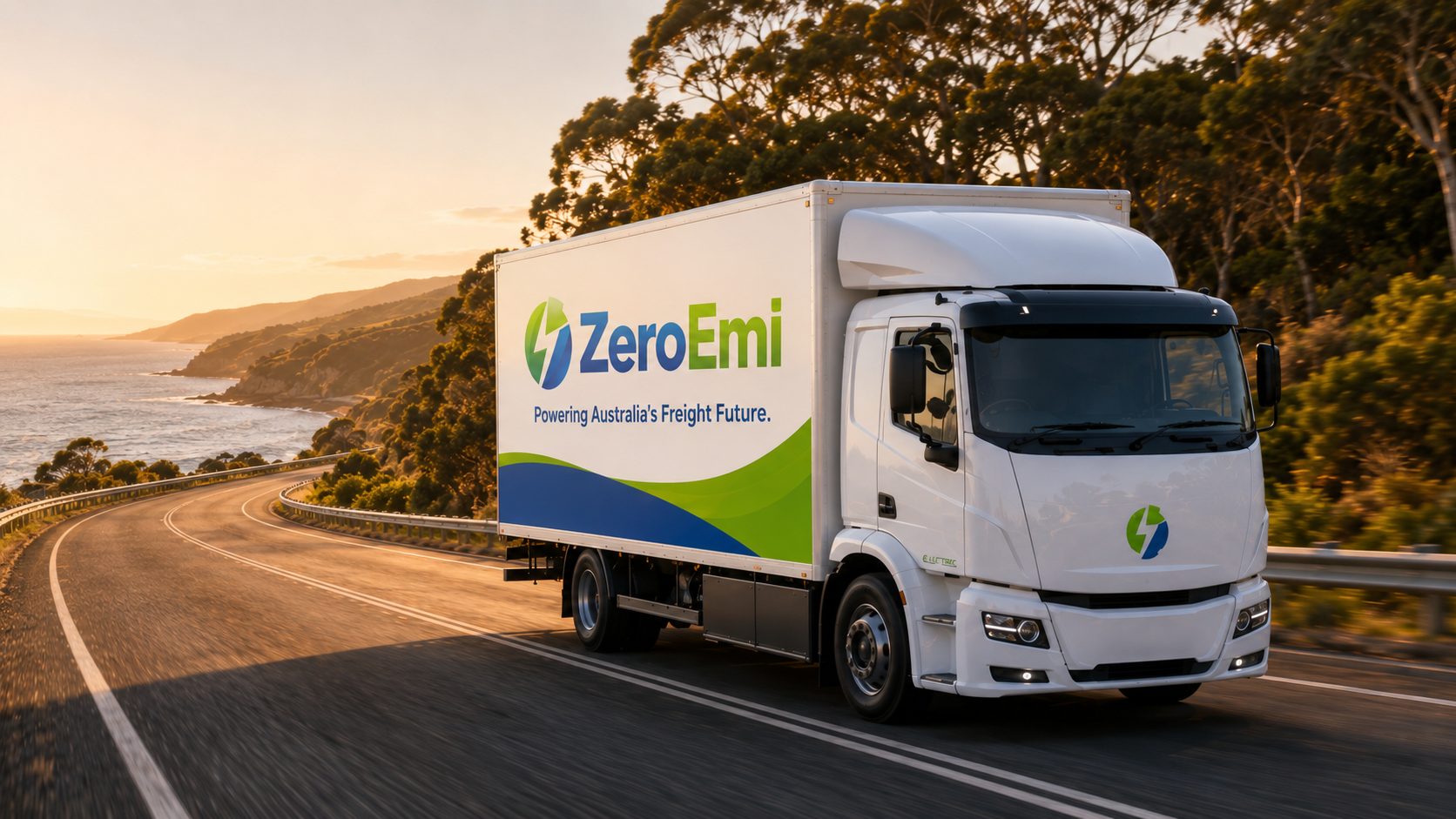 ZeroEmi electric truck on the Pacific Highway coastal corridor at golden hour