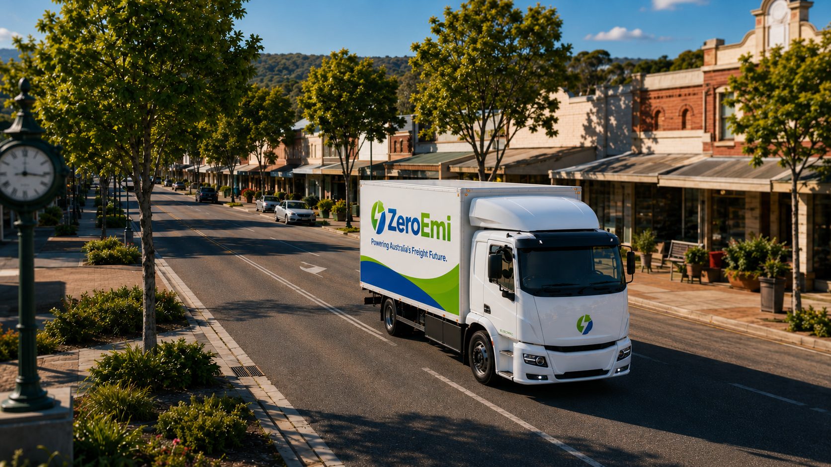 A clean, quiet ZeroEmi electric truck passing through a regional Australian main street