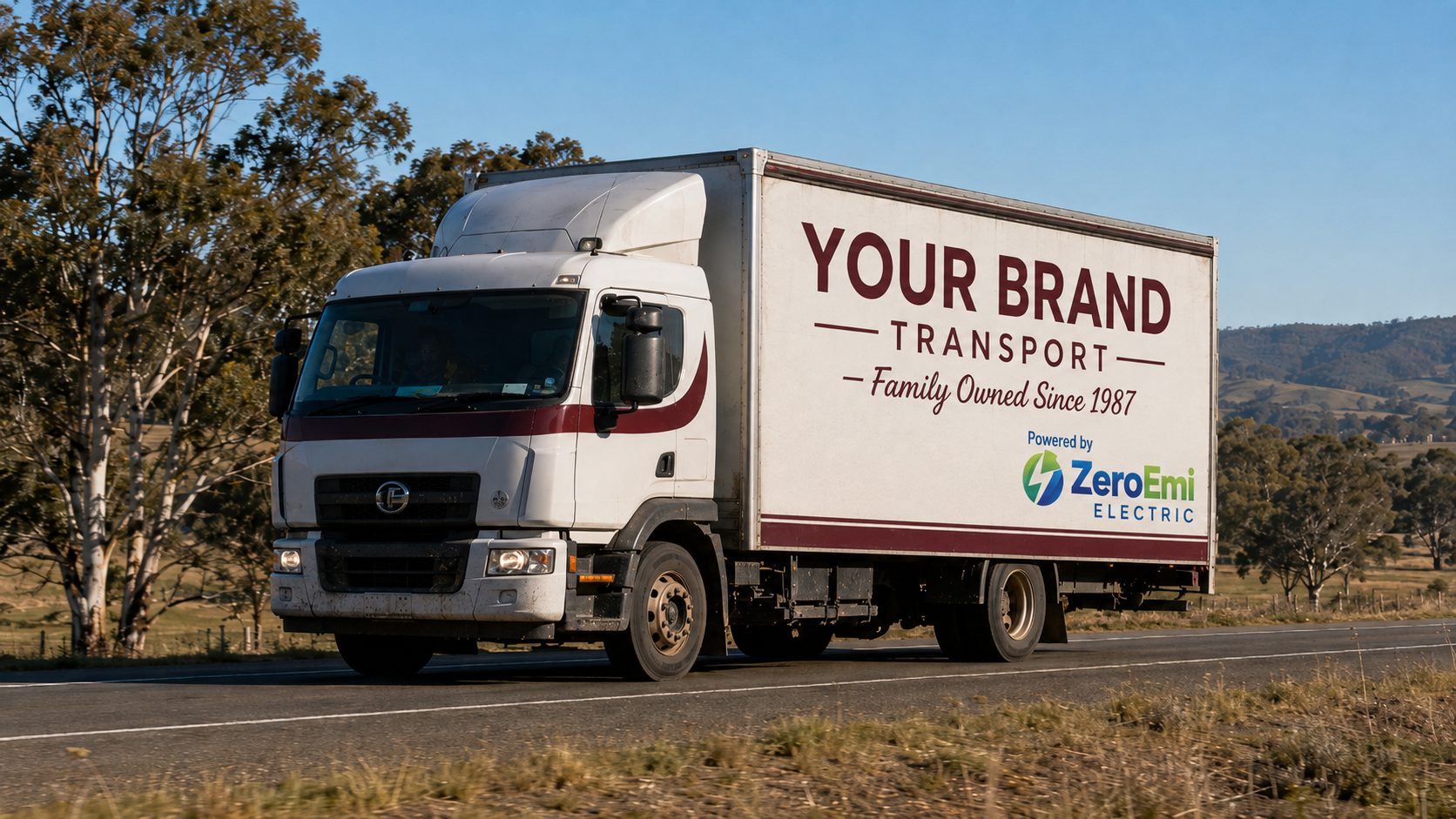 An operator's truck — YOUR BRAND TRANSPORT in large lettering — carrying a small Powered by ZeroEmi Electric badge
